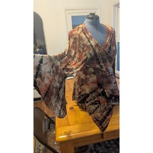 Womens Tie Dye Burnout Kimono Wrap/Open Top Bell Sleeve Asymmetrical